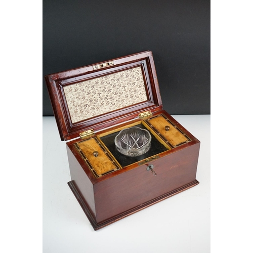 122 - Tea caddy having a hinged lid with inlaid walnut panel opening to reveal tea bowl to the centre flan... 