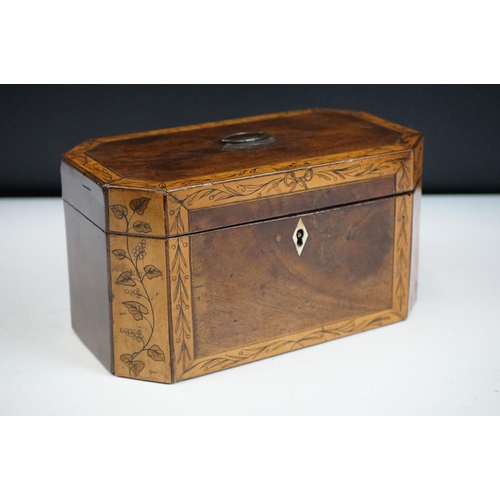 133 - 19th Century mahogany tea caddy having walnut borders with garland detailing opening to reveal two l... 