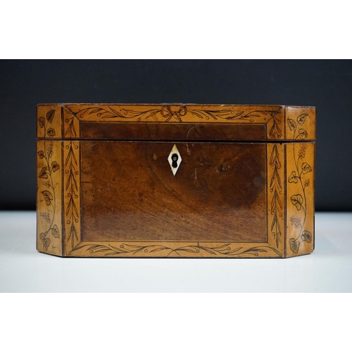 133 - 19th Century mahogany tea caddy having walnut borders with garland detailing opening to reveal two l... 