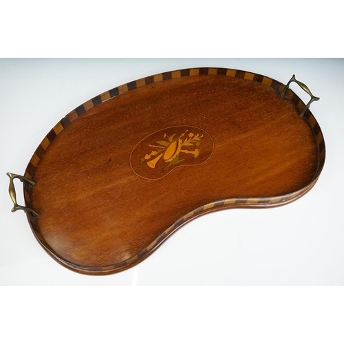 169 - Early 20th Century mahogany inlaid kidney shaped tray having marquetry galleried sides and twin bras... 