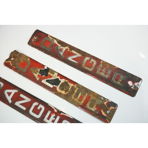 171 - Set of three mid Century red and white enamelled danger signs each of vertical form with drills hole... 