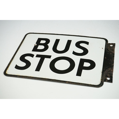 172 - Mid Century enamelled bus stop sign. The sign of square form with black and white enamelling. Measur... 