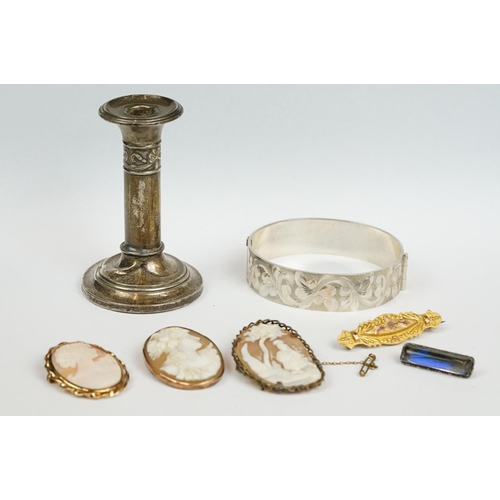 210 - Hallmarked silver candlesticks, 9ct gold brooch, Silver Butterfly Brooch, Three Cameo Brooches and a... 