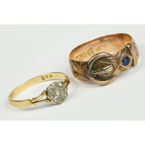 216 - A fully hallmarked 9ct gold band buckle ring together with a ladies 18ct gold dress ring.