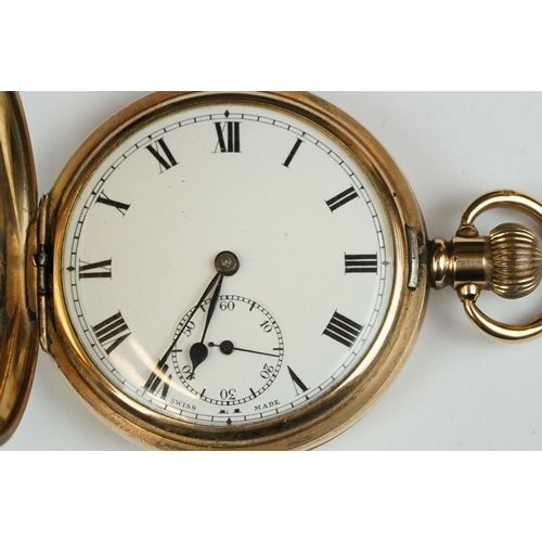 228 - A 10ct gold plated full hunter pocket watch with white enamel dial and sub second dial to 6 o'clock.