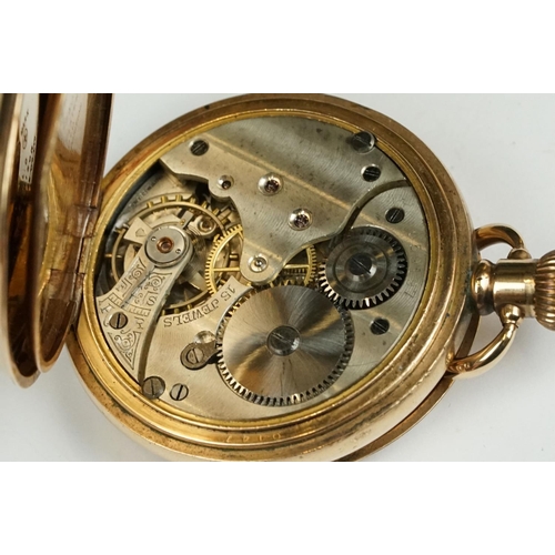 228 - A 10ct gold plated full hunter pocket watch with white enamel dial and sub second dial to 6 o'clock.