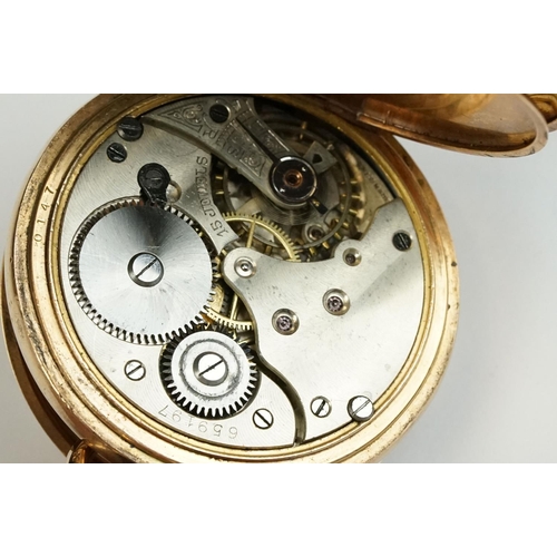 228 - A 10ct gold plated full hunter pocket watch with white enamel dial and sub second dial to 6 o'clock.