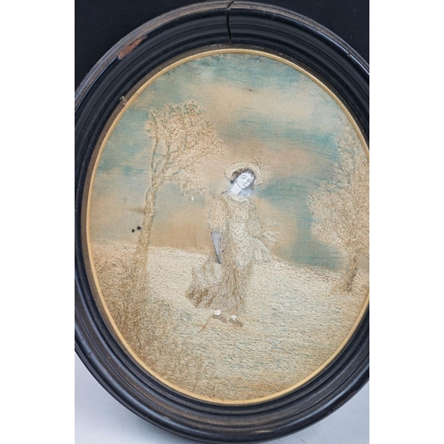 242 - Regency Oval Silk Embroidery of a Maiden walking in the countryside, 17cm x 14cm, framed and glazed