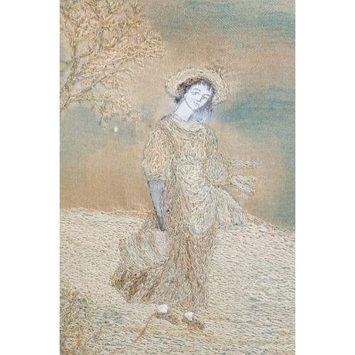 242 - Regency Oval Silk Embroidery of a Maiden walking in the countryside, 17cm x 14cm, framed and glazed