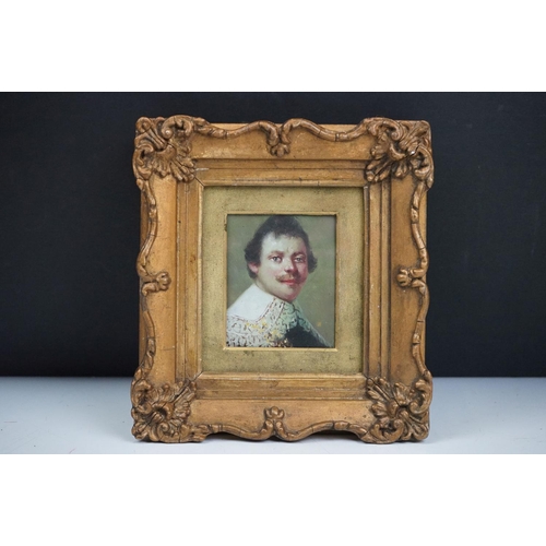 245 - Oil on brass gilt framed portrait of a 17th century gentleman in lace collar, 7.5cm x 6cm x 30cm