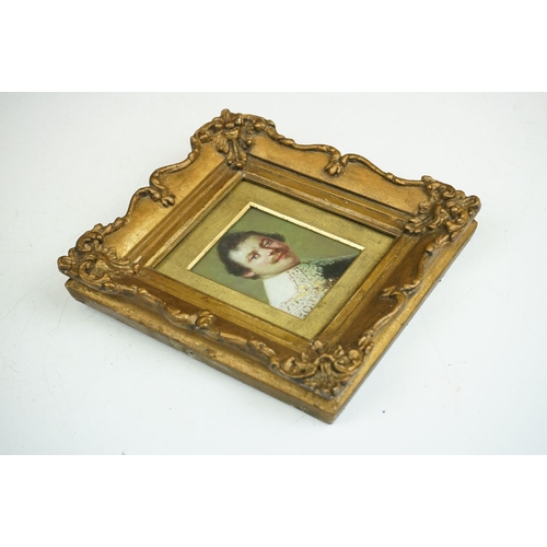 245 - Oil on brass gilt framed portrait of a 17th century gentleman in lace collar, 7.5cm x 6cm x 30cm