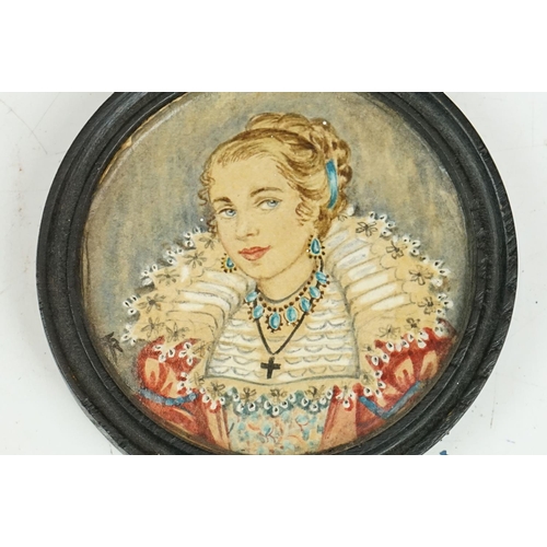 247 - Circular Miniature Portrait of a Young Woman dressed in Elizabethan Costume, held in an ebonies fram... 