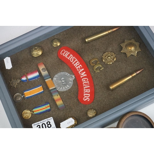 308 - A group of mixed collectables to include a framed and glazed miniature medal Coldstream Guards group... 