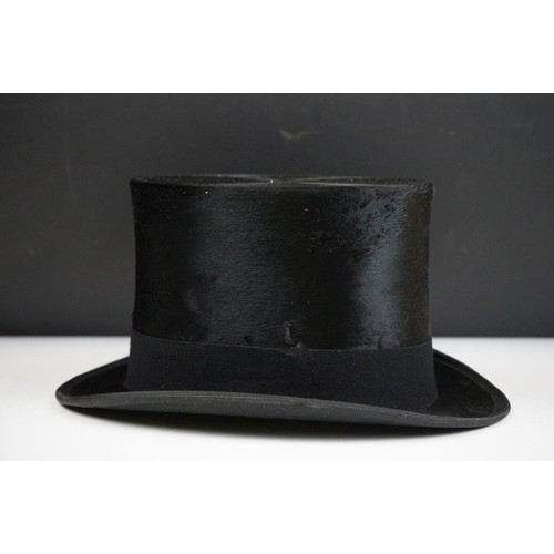 162 - Early 20th century moleskin top hat with felt band, with cardboard hat box.