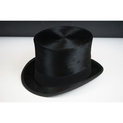 162 - Early 20th century moleskin top hat with felt band, with cardboard hat box.