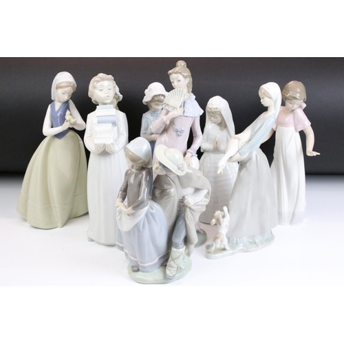 33 - Eight Nao porcelain figurines and one Lladro figurine. The lot to include a bride, group figurine, g... 