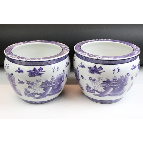 38 - Pair of 20th Century Chinese planter pots. Each having purple printed landscape scenes to the sides ... 