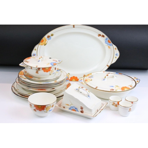 42 - Art Deco Gray's Pottery dinner service having hand painted orange and blue floral decoration. To inc... 