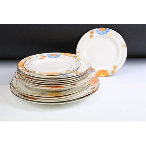 42 - Art Deco Gray's Pottery dinner service having hand painted orange and blue floral decoration. To inc... 