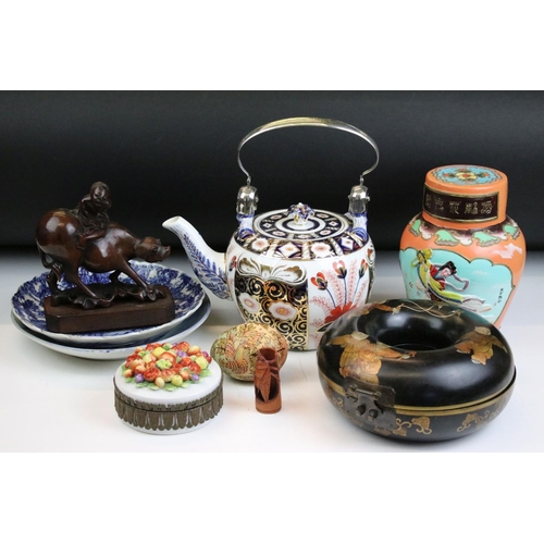 48 - Assorted ceramics to include Imari teapot with cross mark to base, round Chinese lacquer box, two Ch... 