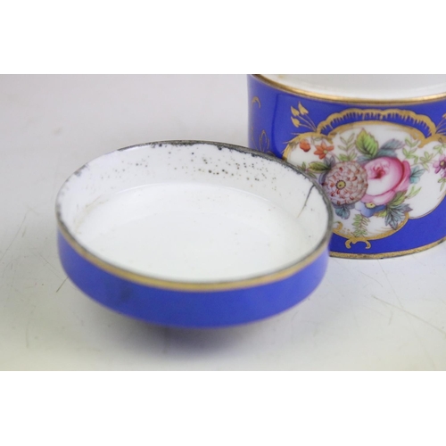 57 - Two porcelian dressing table pots, each having a blue ground with hand painted floral panels. Unmark... 