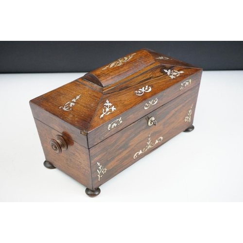 120 - 19th Century sarcophagus tea caddy being inlaid with mother of pearl floral sprays opening to reveal... 