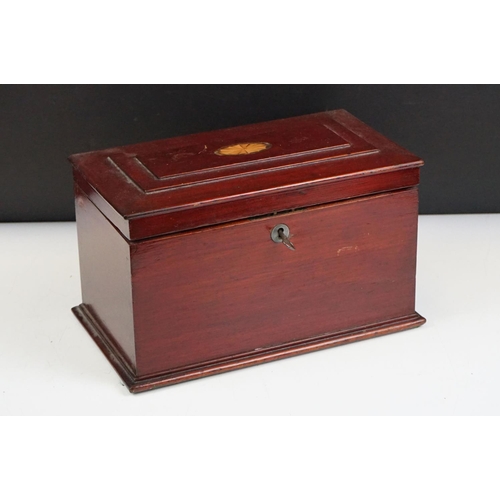 122 - Tea caddy having a hinged lid with inlaid walnut panel opening to reveal tea bowl to the centre flan... 