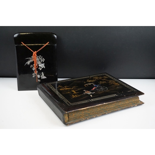 125 - Early 20th Century Japanese lacquer photograph / postcard album featuring a gilt landscape scene to ... 