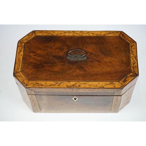 133 - 19th Century mahogany tea caddy having walnut borders with garland detailing opening to reveal two l... 