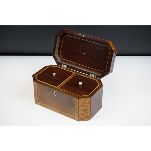 133 - 19th Century mahogany tea caddy having walnut borders with garland detailing opening to reveal two l... 