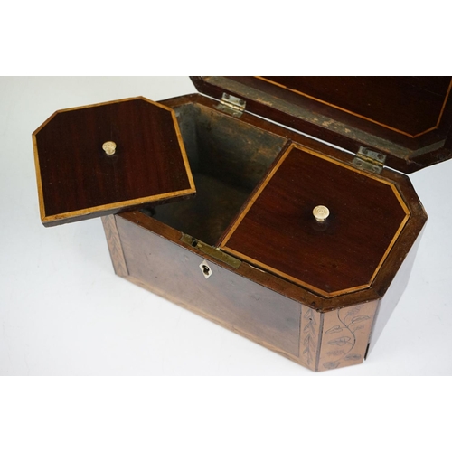 133 - 19th Century mahogany tea caddy having walnut borders with garland detailing opening to reveal two l... 