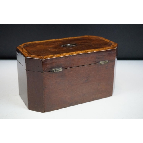 133 - 19th Century mahogany tea caddy having walnut borders with garland detailing opening to reveal two l... 