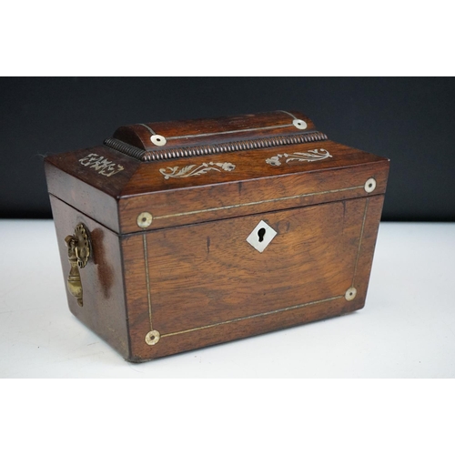 134 - 19th Century wooden sarcophagus tea caddy box having mother of pearl inlay to the sides and lid with... 