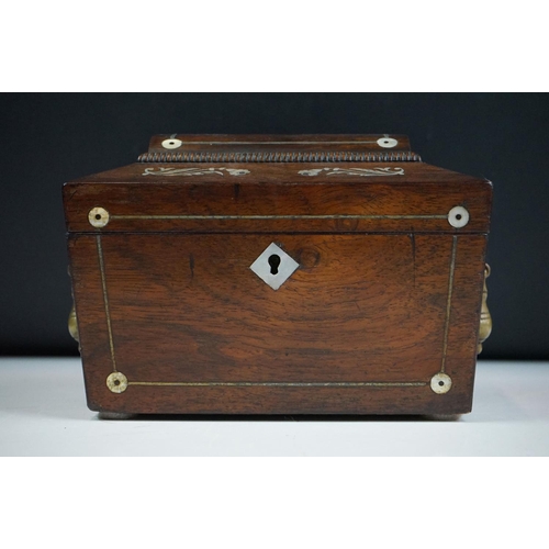 134 - 19th Century wooden sarcophagus tea caddy box having mother of pearl inlay to the sides and lid with... 