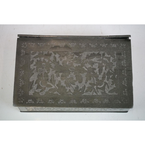 140 - Antique Chinese pewter box with engraved decoration, character marks to the base.