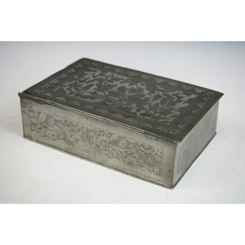 140 - Antique Chinese pewter box with engraved decoration, character marks to the base.