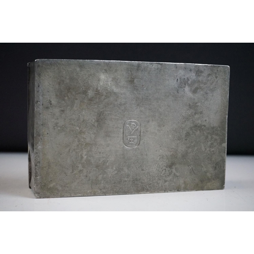 140 - Antique Chinese pewter box with engraved decoration, character marks to the base.