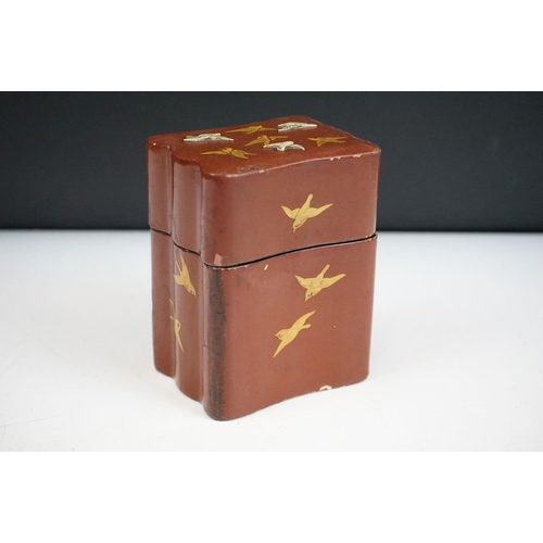 149 - Japanese Red Laquered Playing Card Box  decorated with gilded and applied birds, the lift off lid op... 