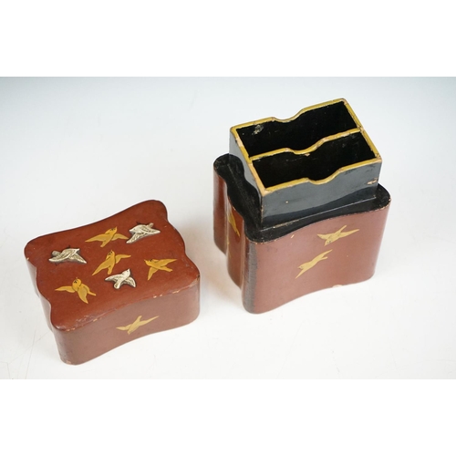 149 - Japanese Red Laquered Playing Card Box  decorated with gilded and applied birds, the lift off lid op... 