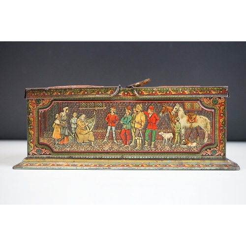 152 - A Huntley & Palmers c.1900 biscuit tin in the form of a Georgian tea caddy with embossed medieval de... 