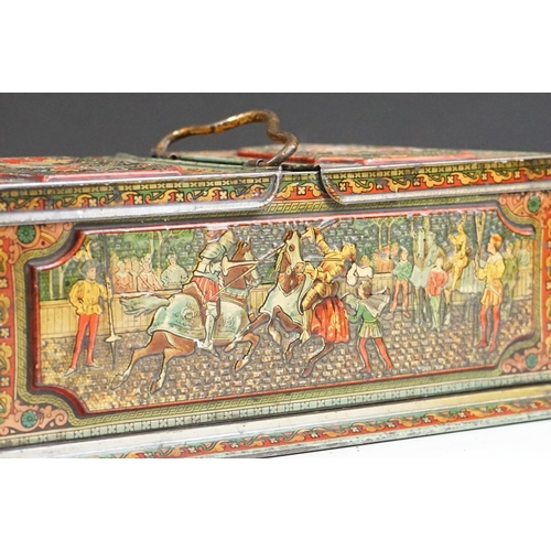 152 - A Huntley & Palmers c.1900 biscuit tin in the form of a Georgian tea caddy with embossed medieval de... 