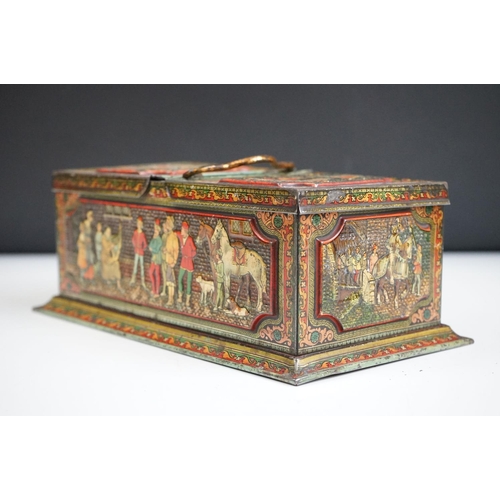 152 - A Huntley & Palmers c.1900 biscuit tin in the form of a Georgian tea caddy with embossed medieval de... 