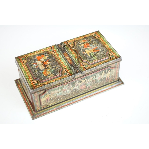 152 - A Huntley & Palmers c.1900 biscuit tin in the form of a Georgian tea caddy with embossed medieval de... 