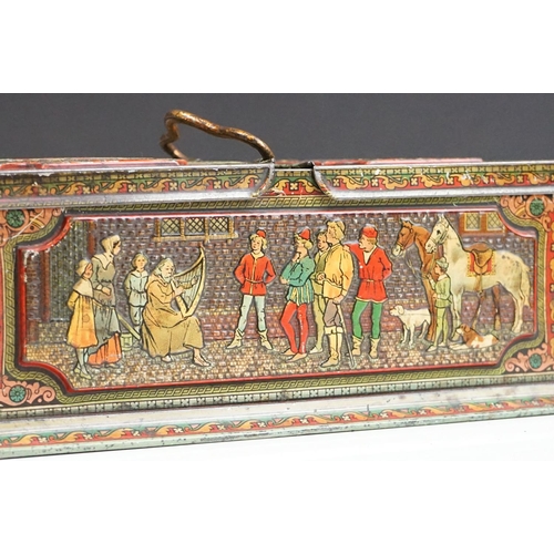 152 - A Huntley & Palmers c.1900 biscuit tin in the form of a Georgian tea caddy with embossed medieval de... 