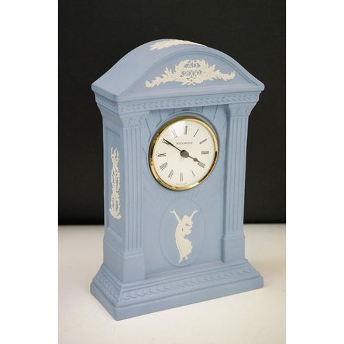 96 - Wedgwood Jasperware millennium mantle clock, Dudson Jasperware twin handled lamp base, Royal Crown D... 