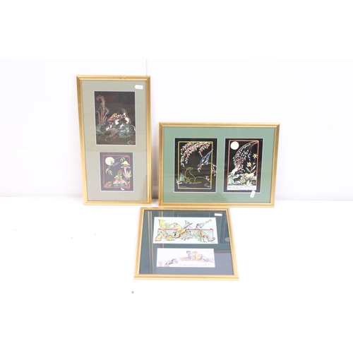 439 - Two framed pairs of hand coloured illustrative prints featuring animals, together with a pair of fra... 