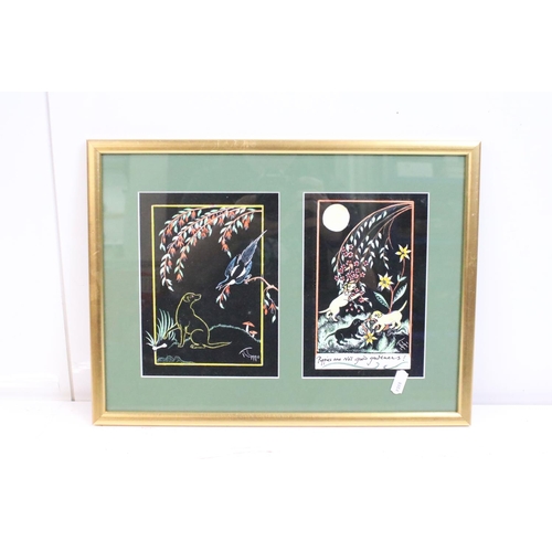 439 - Two framed pairs of hand coloured illustrative prints featuring animals, together with a pair of fra... 