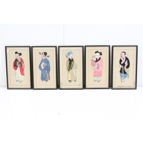 443 - Set of five early 20th Century Chinese fabric collages each featuring a different figure, some adorn... 