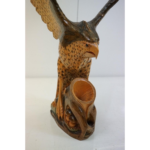 170 - Carved wooden eagle statue carved with out stretched wings with painted detailing raised on a wooden... 