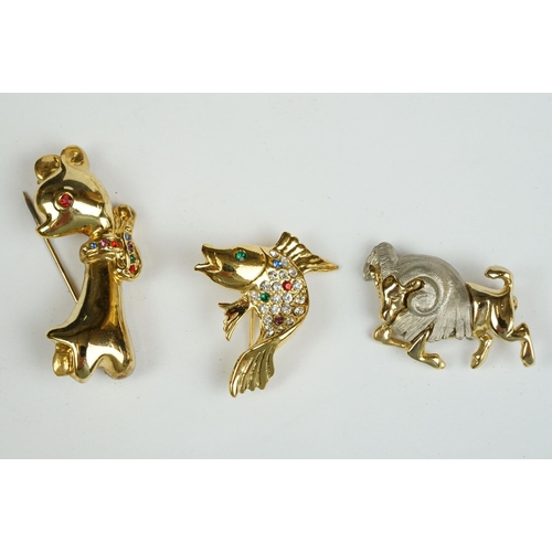 179A - Ten Costume Jewellery Brooches, eight being Gold Tone including Sea Horse, Aries, Crab, Fish, Deer, ... 